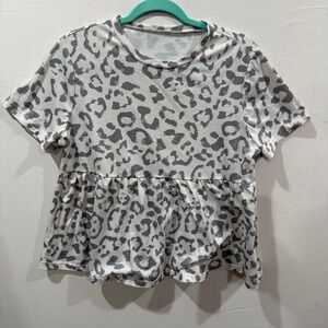 Shein Women Grey Leopard Print Peplum Short Sleeve Top‎ Size L C1MM1W9R